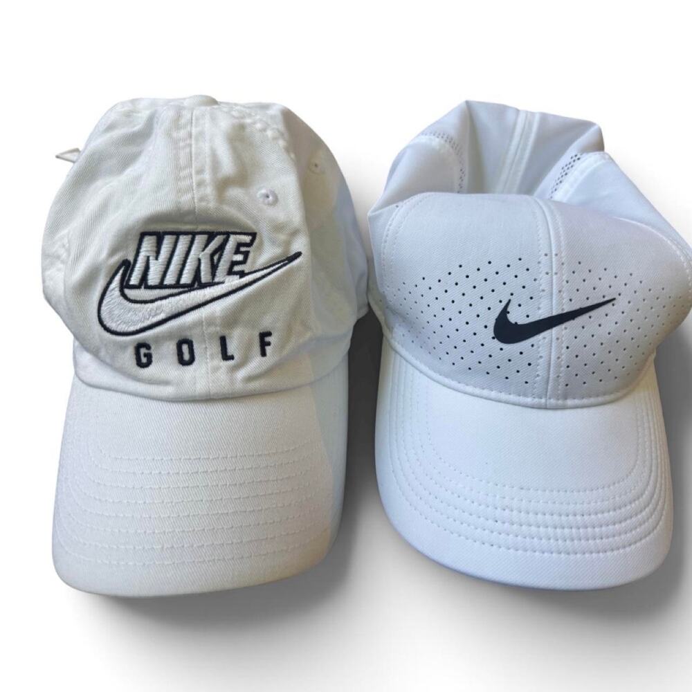 Lot of 2 White Nike Golf Hats Legacy 91 Dri-FIT & Club Cap M/L
